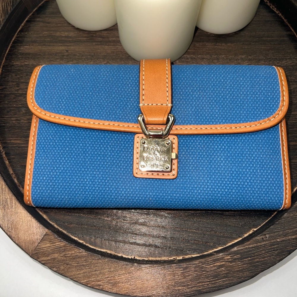 Dooney & Bourke Continental Clutch Wallet in Blue Canvas with Tan Leather Trim
